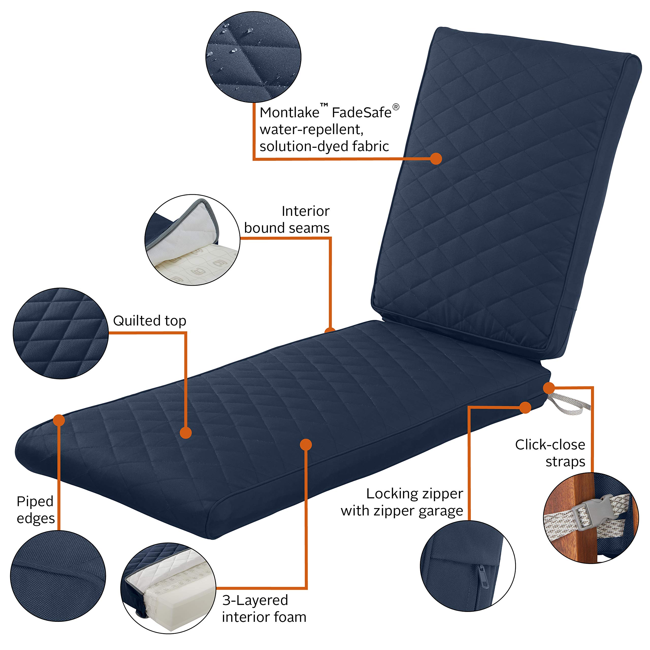 Classic Accessories Montlake Outdoor Chaise Lounge Cushion 72x21 Inch - FadeSafe & Water-Repellent Quilted Navy Patio Furniture Cushion for Poolside, Deck, and Garden Relaxation