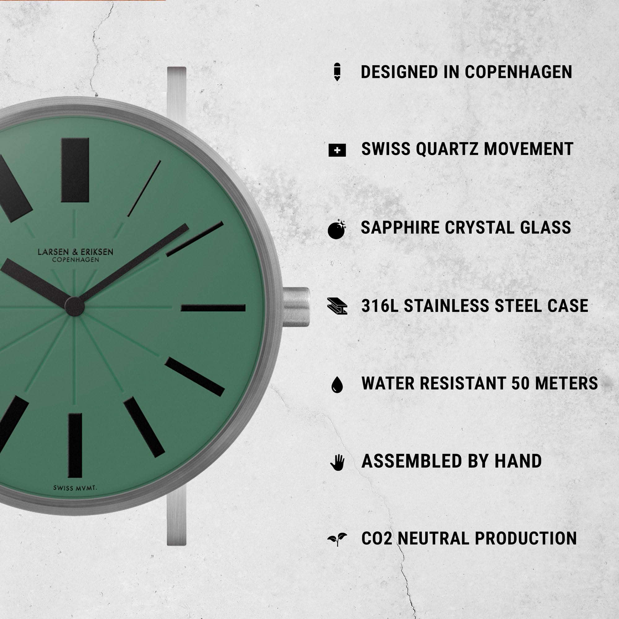 LARSEN & ERIKSEN Evolution Men's Minimalist Analog Wrist Watch - 41mm Scratchproof Glass, 5ATM Water Resistant, Swiss Movement, Hand Assembled - Silver/Green/Brown - Perfect for Business, Casual & Outdoor Activities