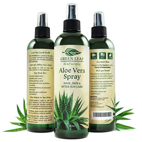 Green Leaf Naturals Organic Aloe Vera Spray for Hair, Skin & Face | 8 oz Cold-Pressed 99.8% Pure Aloe | After Sun Care, Sunburn Relief & Moisturizer | Unscented Natural Skin Care | Perfect for Sun Protection, Daily Hydration & Post-Workout Refreshment