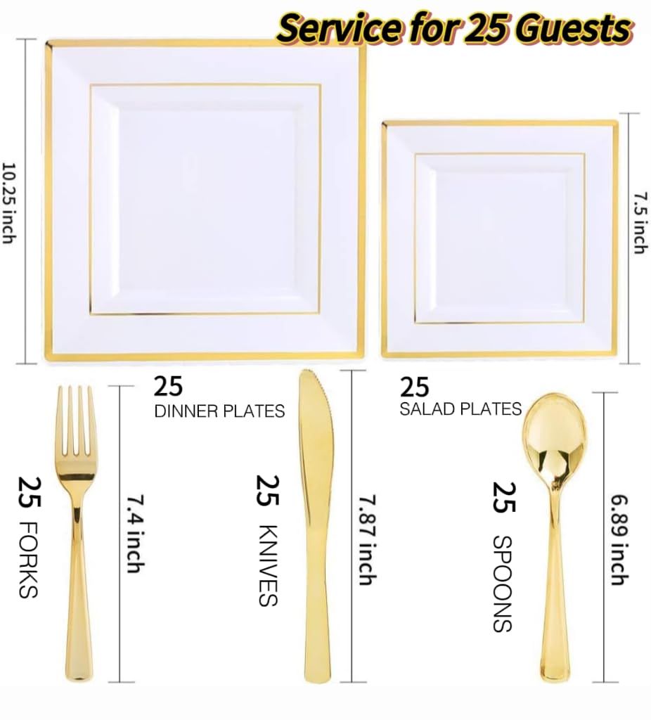 125-Piece Gold Plastic Dinnerware Set - 25 Gold Rimmed Dinner Plates, 25 Salad Plates, 25 Forks, 25 Knives & 25 Spoons - Elegant Disposable Tableware for Parties, Weddings & Events