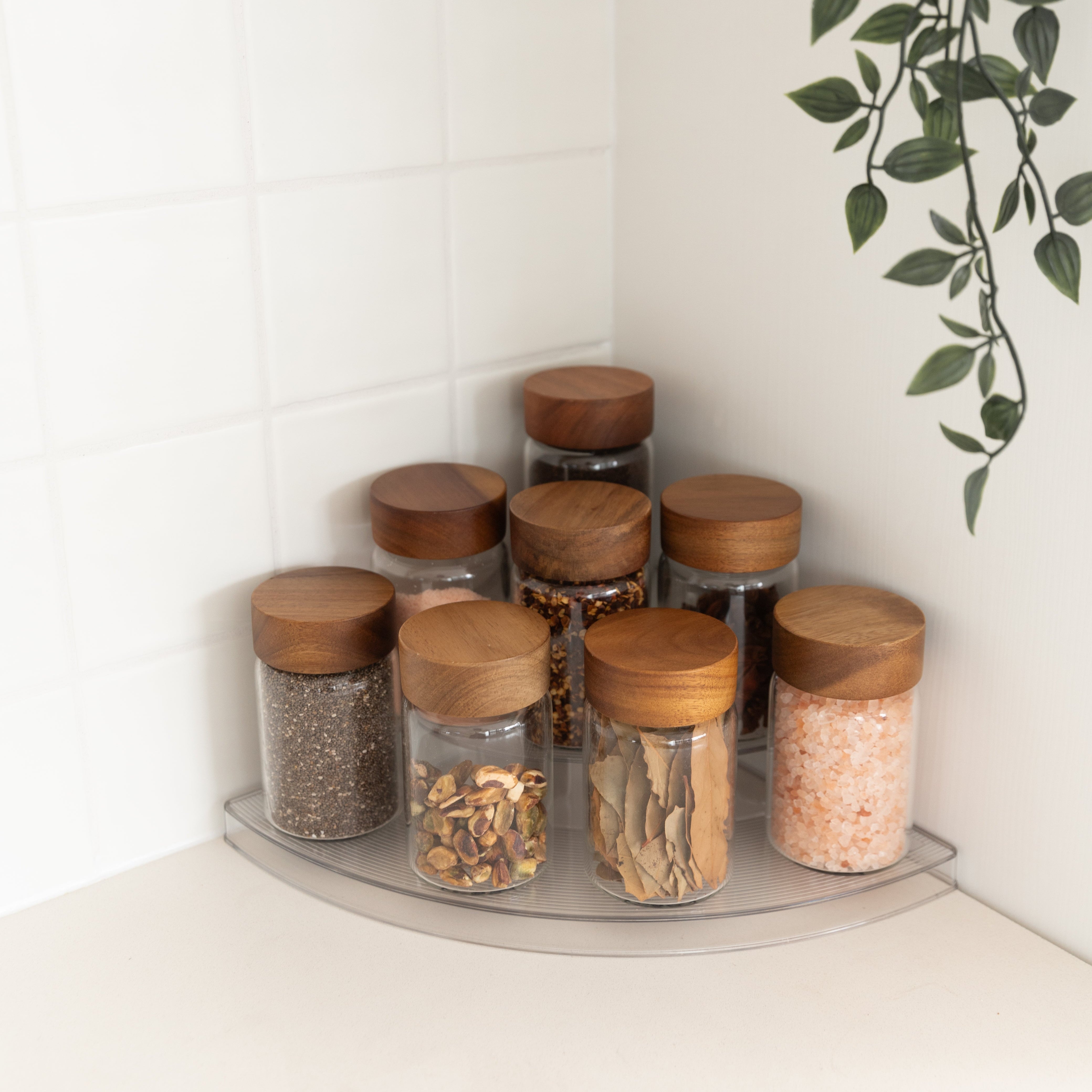 Clear 3-Tier Corner Shelf with 8x250ml Acacia Spice Jars - Space-Saving Spice Organizer for Kitchen, Bathroom & Pantry Storage