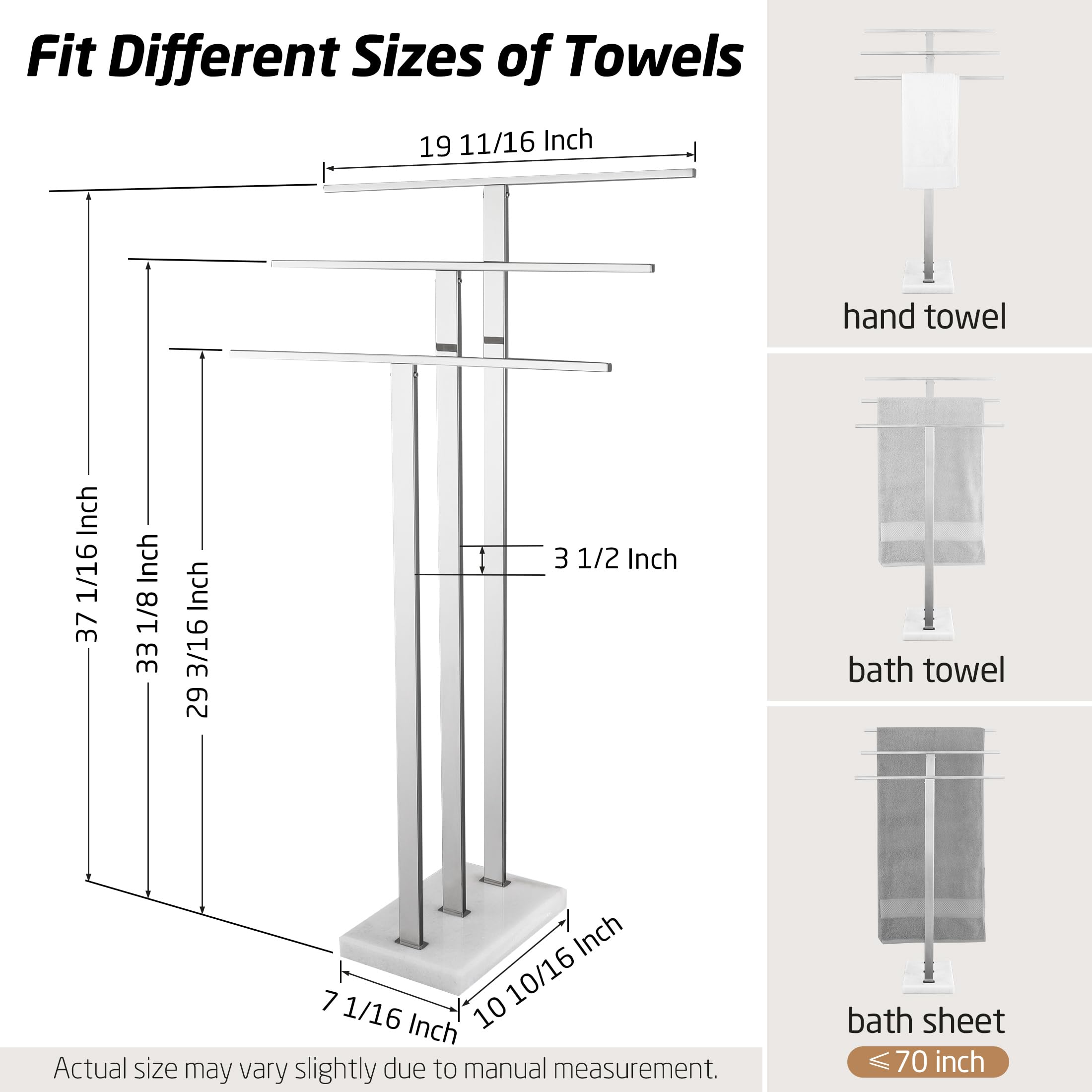 Premium 3-Tier Standing Towel Rack with Marble Base - Sturdy Free-Standing Bathroom Organizer for Large Bath & Hand Towels - 18/8 Stainless Steel Polished Finish (BTH217S3) - Perfect for Spa-Style Bathrooms, Guest Suites & Luxury Home Decor