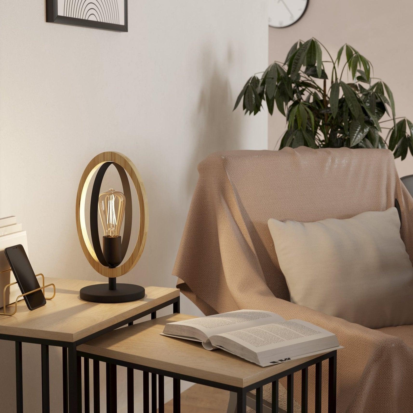Eglo Basildon Oval Wood Table Lamp - Modern Nightstand & Bedside Lighting for Bedroom, Living Room, Office - Warm White LED Bulb Included