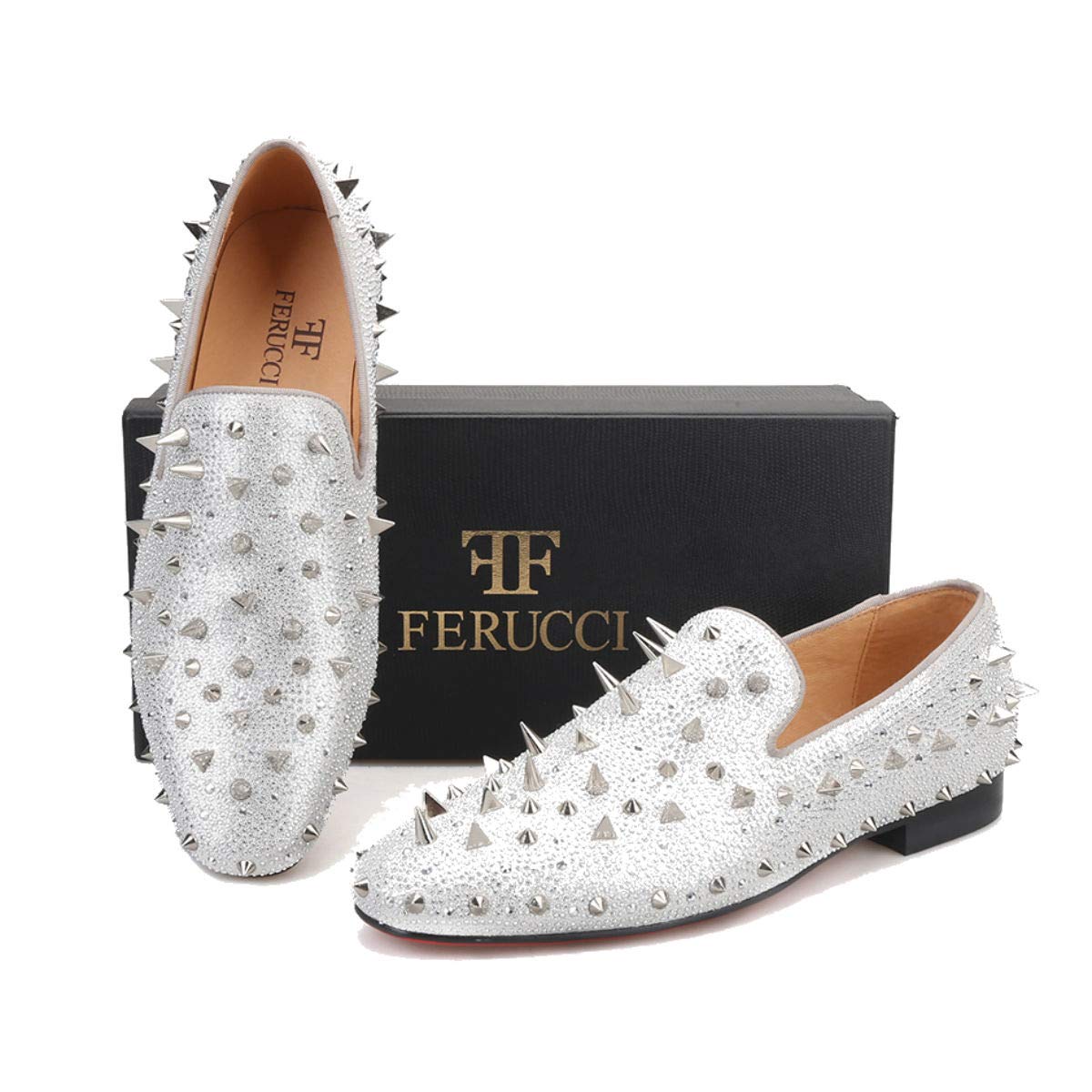 FERUCCI Men's Silver Spiked Loafers with Crystal Rhinestones - Stylish Comfort for Casual Wear & Evening Events