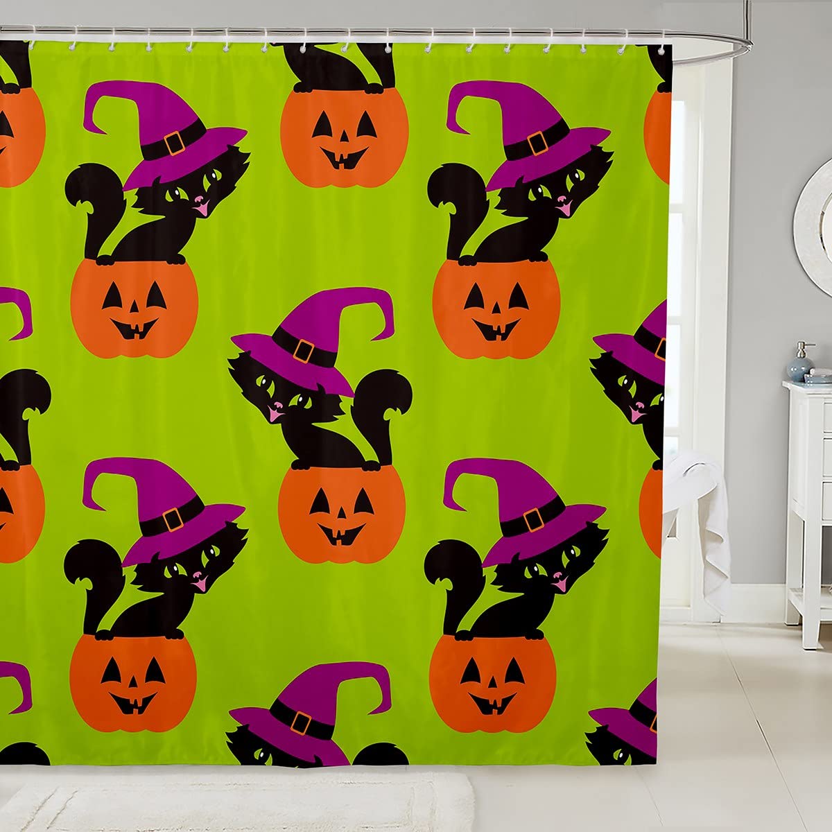 Halloween Shower Curtain - Cartoon Black Cat Pumpkin Lantern Design, Waterproof Bathroom Decor for Kids (72x78 Inches) | Perfect for Halloween Party Decorations & Spooky Bathroom Themes