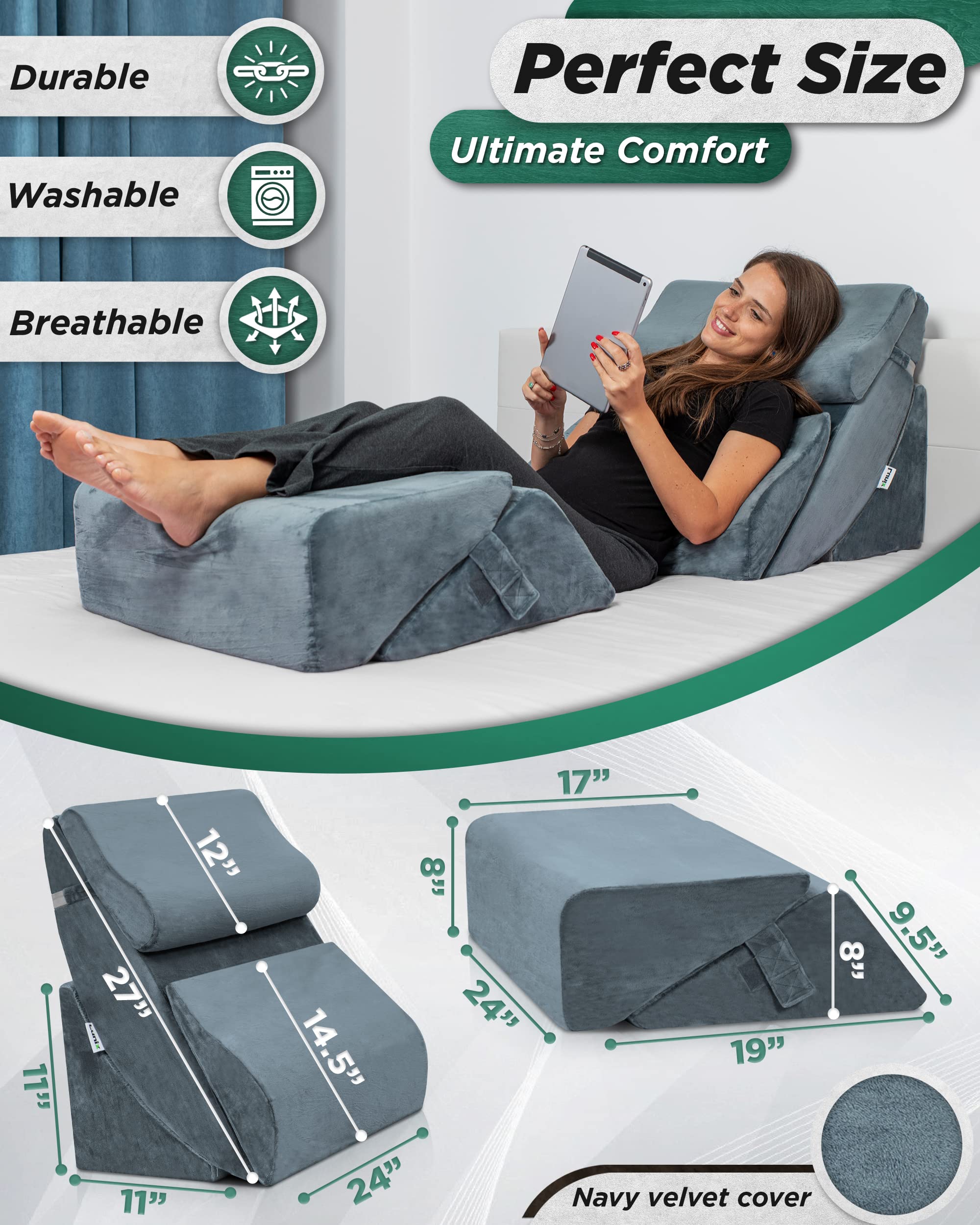 6pcs Orthopedic Bed Wedge Pillow Set for Back, Neck & Leg Pain Relief - Post Surgery Memory Foam Support, Adjustable Sitting Pillow for Sleeping, Acid Reflux & GERD - Includes Hot/Cold Pack (Navy Blue) - Perfect for Recovery, Comfort & Pain Management at Home