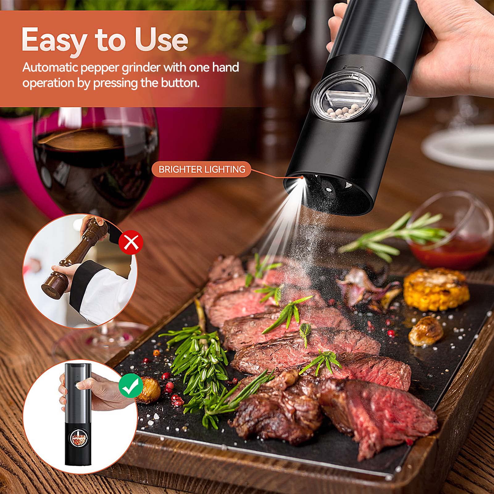 Rechargeable Electric Salt and Pepper Grinder Set - Battery-Free, One-Hand Operation, Adjustable Coarseness, Stainless Steel Mill with LED Light - Perfect for Kitchen, Dining Table & Outdoor Cooking