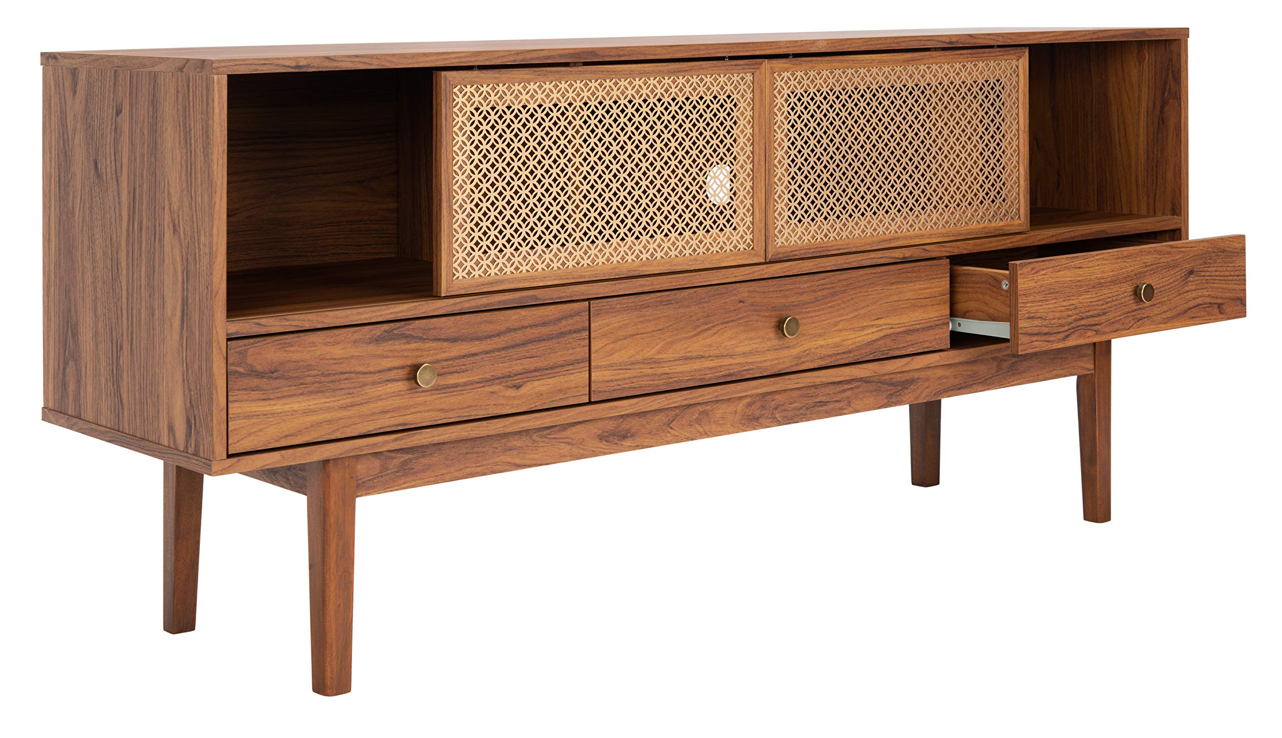 SAFAVIEH Home Collection Ceu Walnut and Gold 3-Drawer 1-Shelf TV Stand for Flat Screens up to 65 Inches - Modern Media Console for Living Room, Bedroom & Home Theater Storage