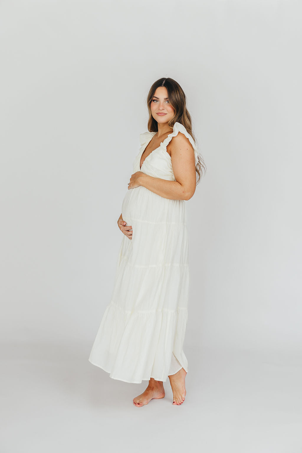 Katy Pleated Bodice Midi Dress in Cream | Bump Friendly Maternity Dress | Perfect for Baby Showers, Weddings & Special Occasions