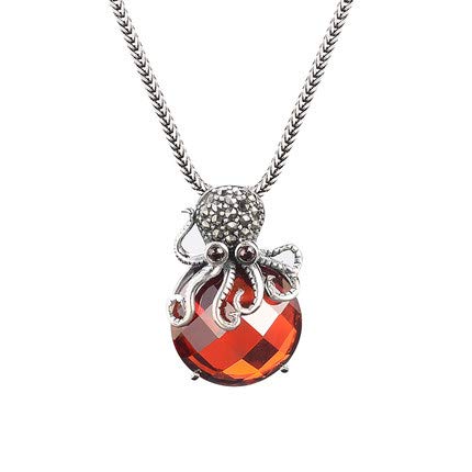 925 Sterling Silver Octopus Pendant Necklace with Red Pomegranate Gemstone - Perfect for Women's Fashion, Boho Jewelry & Unique Gift Giving