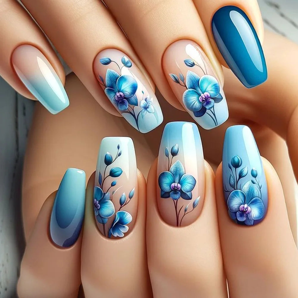 24Pcs Medium Length Press on False Nails - Ballet Blue Floral Design Fake Nails Set, Detachable Artificial Nails for Spring Summer Manicure | Perfect for Parties, Weddings, Date Nights & Special Occasions