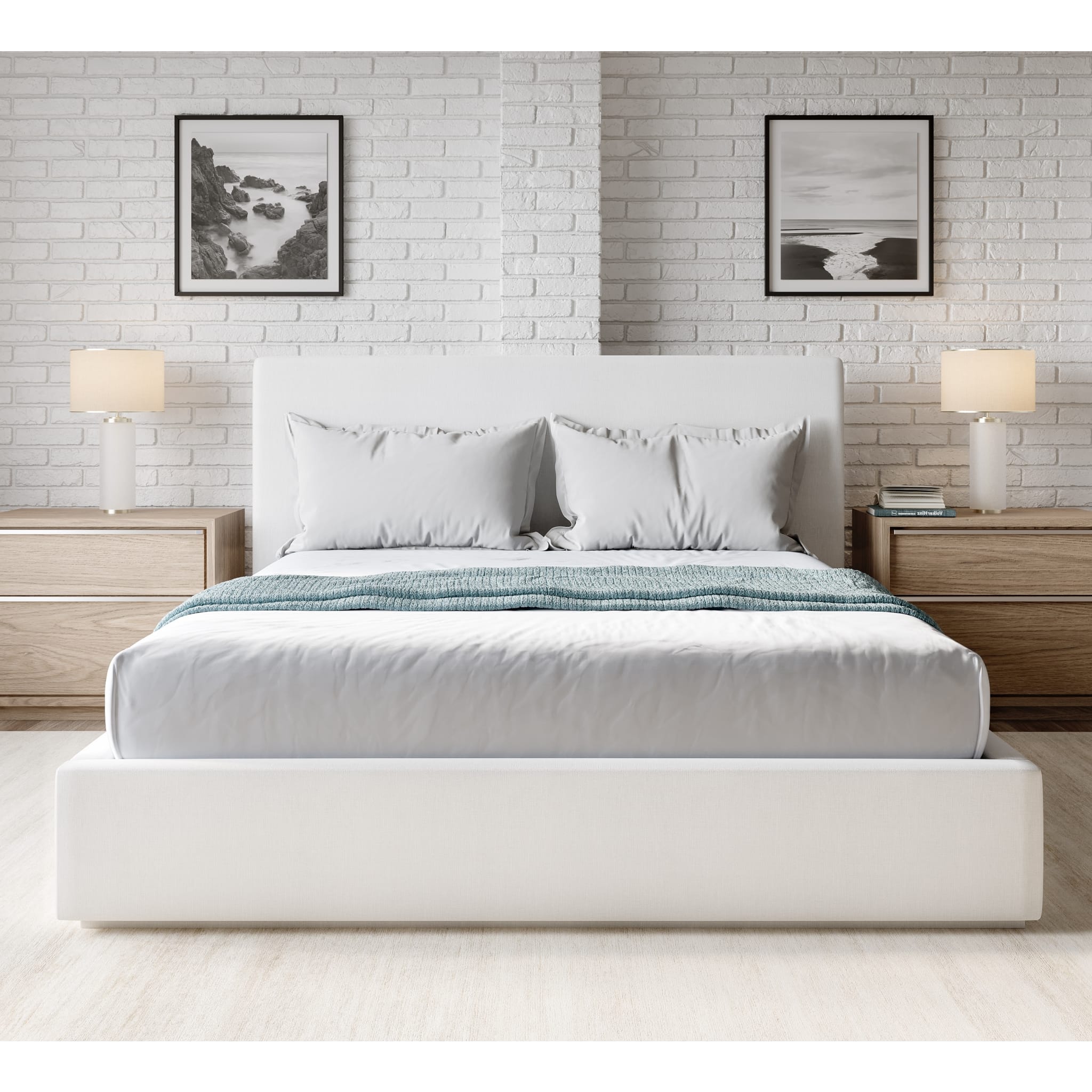Luxury Upholstered Storage Bed with Footboard - Pearl White Fabric - Queen Size Platform Bed with Underbed Storage - Perfect for Small Bedrooms & Guest Rooms