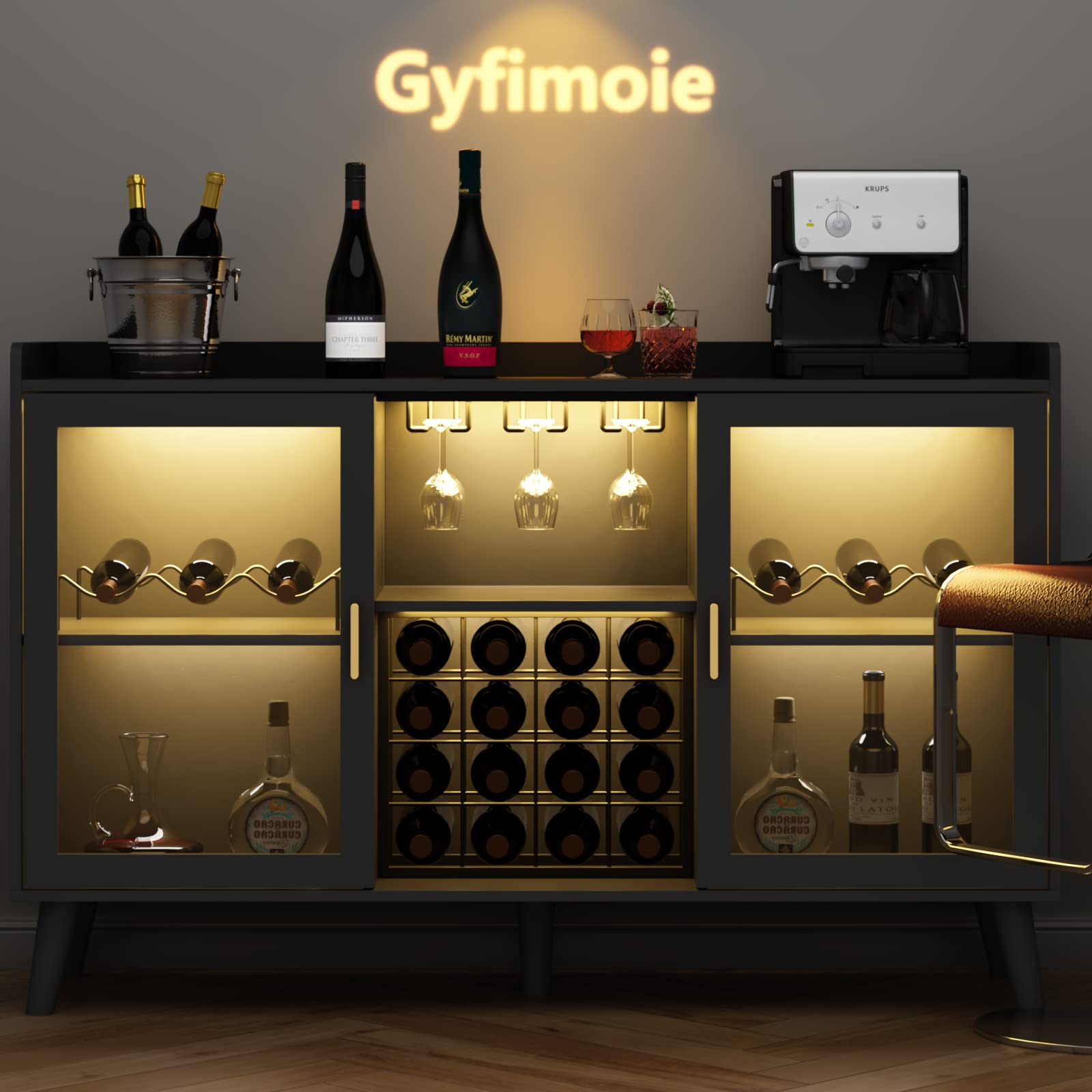 Modern Wine Bar Cabinet with LED Lights - Freestanding Kitchen Sideboard Buffet with Wine Rack, Glass Holder & Storage Shelf - Black Glass Door Liquor Cabinet for Dining Room, Living Room & Home Bar Decor