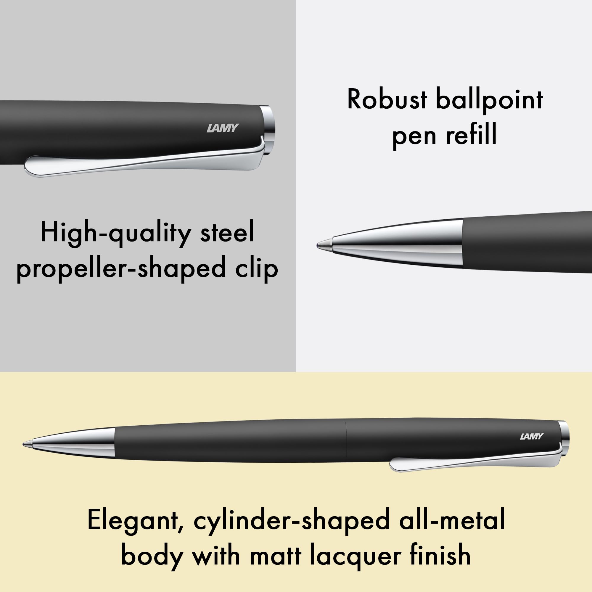 Lamy Studio Black Ballpoint Pen - Elegant Stainless Steel Casing with Propeller Clip - Includes M16 Black Ink Refill - Perfect for Office, School & Professional Writing