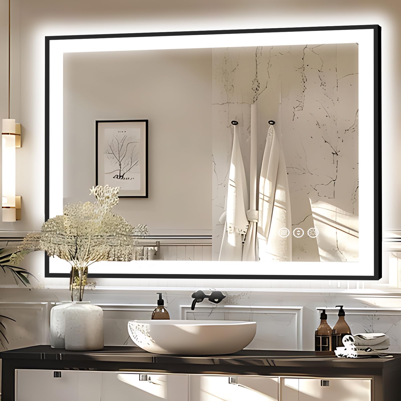 40x30 Inch LED Bathroom Mirror with Front & Back Lighting - Dimmable 3-Color Light, Anti-Fog System, Touch Control - Black Aluminum Frame, Tempered Glass, Corrosion Resistant (Horizontal/Vertical Mounting) - Perfect for Modern Bathrooms, Vanity Makeup & Spa Decor