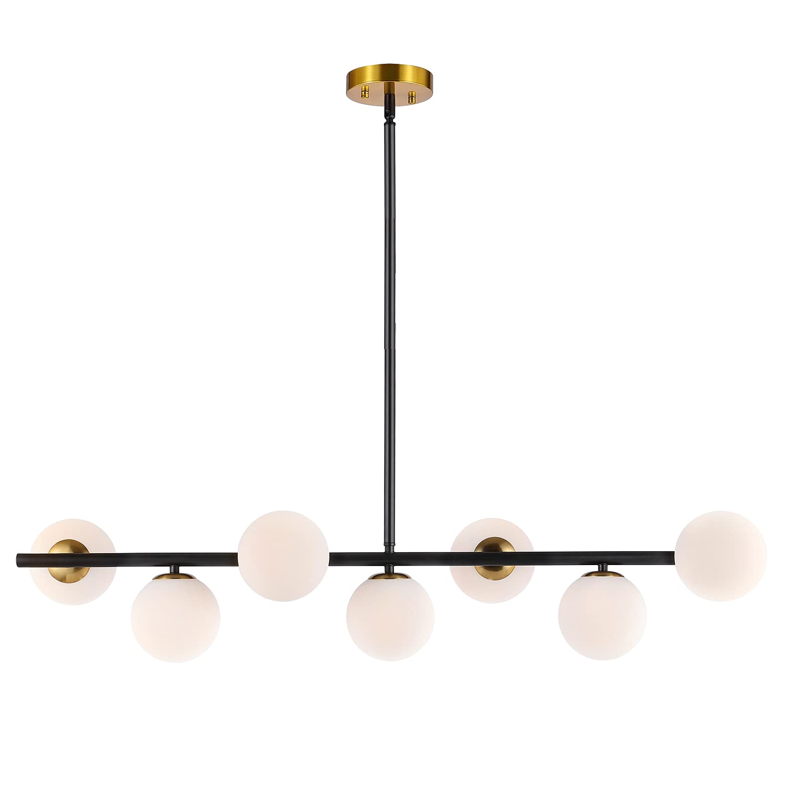 7-Light Modern Sputnik Chandelier with White Glass Shades - Mid Century Linear Pendant Light Fixture in Gold/Black for Dining Room, Kitchen Island & Bedroom Lighting - Farmhouse & Contemporary Home Decor