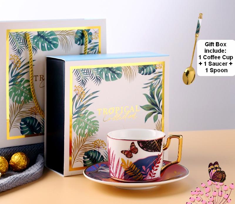 Elegant Porcelain Tea Cups and Saucers Set with Jungle Toucan Pattern, Gold Trim Coffee Mugs - Perfect for Afternoon Tea, Housewarming Gifts & Bridal Shower Favors