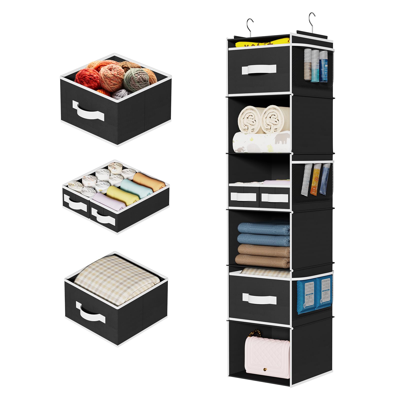 Univivi 6-Shelf Hanging Closet Organizer with 4 Removable Drawers & 6 Side Pockets - Foldable Wardrobe Storage Solution for Clothes, Shoes & Accessories | Perfect for Bedroom, Closet & Dorm Organization