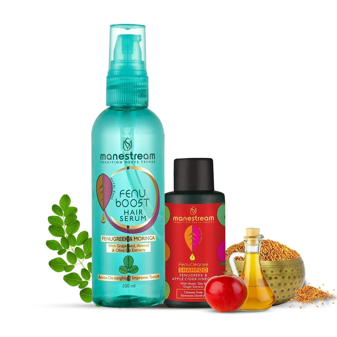 Manestream Fenuboost Ayurvedic Hair Serum for Men & Women - Fenugreek & Moringa Extract for Heat Damaged & Chemically Treated Hair Repair | Includes Free Fenucleanse Anti-Dandruff Mini Shampoo 30ml (Pack of 2) | Perfect for Daily Hair Care & Scalp Nourishment