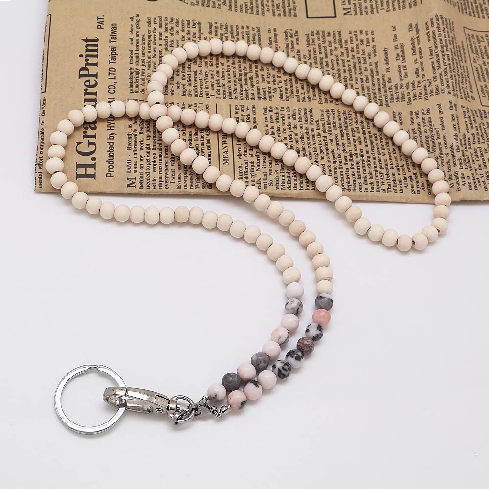 Wooden Beaded Lanyard for ID Badges & Keys - Pink Zebra Jasper - Office & Event Use