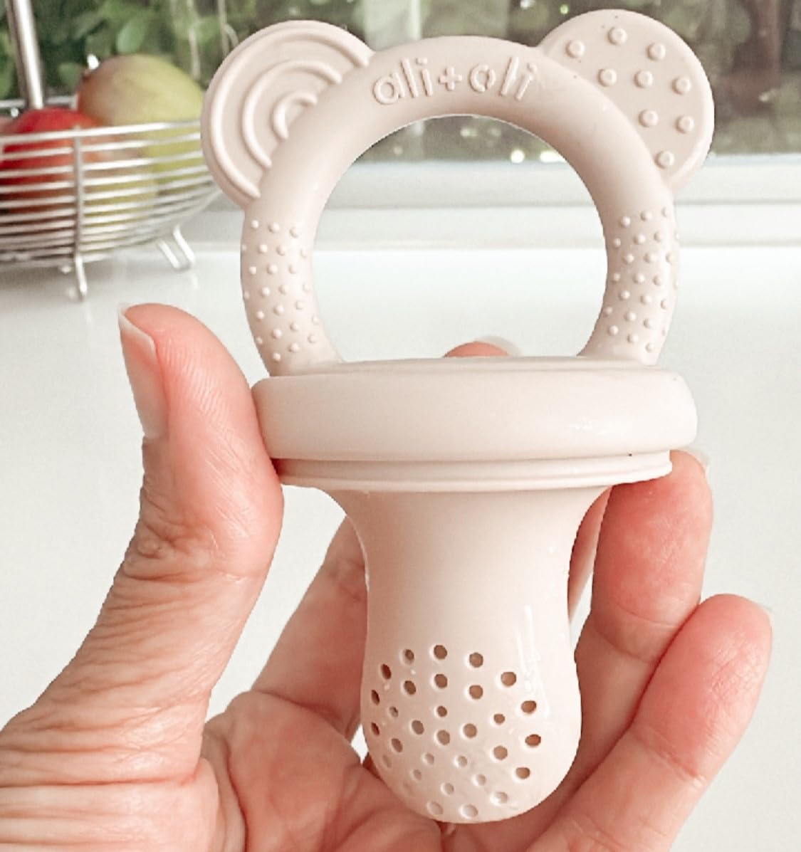 Ali+Oli (3-Pc) BPA-Free Food-Grade Silicone Baby Fruit Feeder & Teether Set with Freezer Tray - Mist Taupe | Infant & Toddler Soothing Pacifier for Fresh Fruits, Breastmilk & Teething Relief | Perfect for On-the-Go Feeding & Pain Relief
