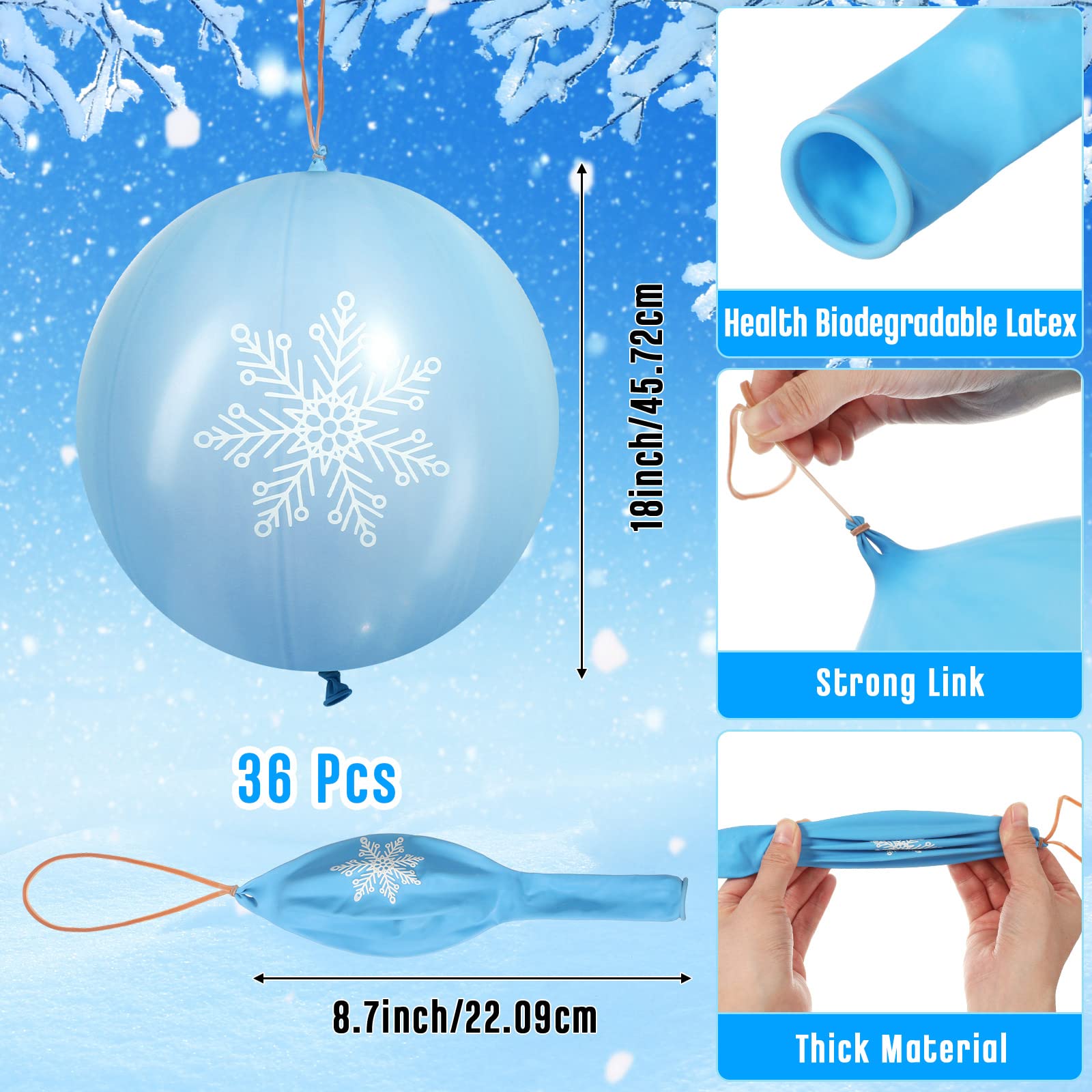 Leitee 36 Pcs 18 Inch Snowflake Punch Balloons - Winter Party Decorations, Carnival Prizes & Birthday Party Favors with Rubber Band Handles - Perfect for School Games, Daily Play & Holiday Celebrations