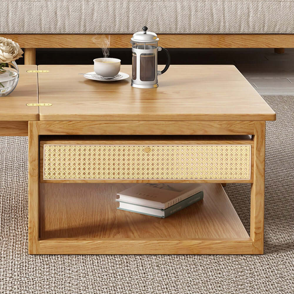 Modern Japandi Style Wooden Folding Coffee Table Set with Rattan Nesting Accent - Space-Saving Dining Table for Small Living Rooms, Apartments & Outdoor Patios