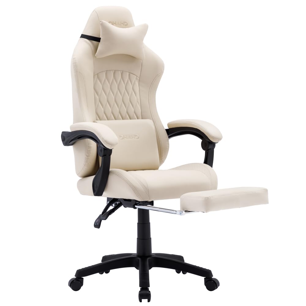 OHAHO Ergonomic Gaming Chair with Adjustable Lumbar Support & Footrest - 360° Swivel Height Adjustable Office Computer Chair with Headrest for PC Gamers & Home Office Workers (Beige) - Perfect for Long Gaming Sessions & Remote Work Comfort