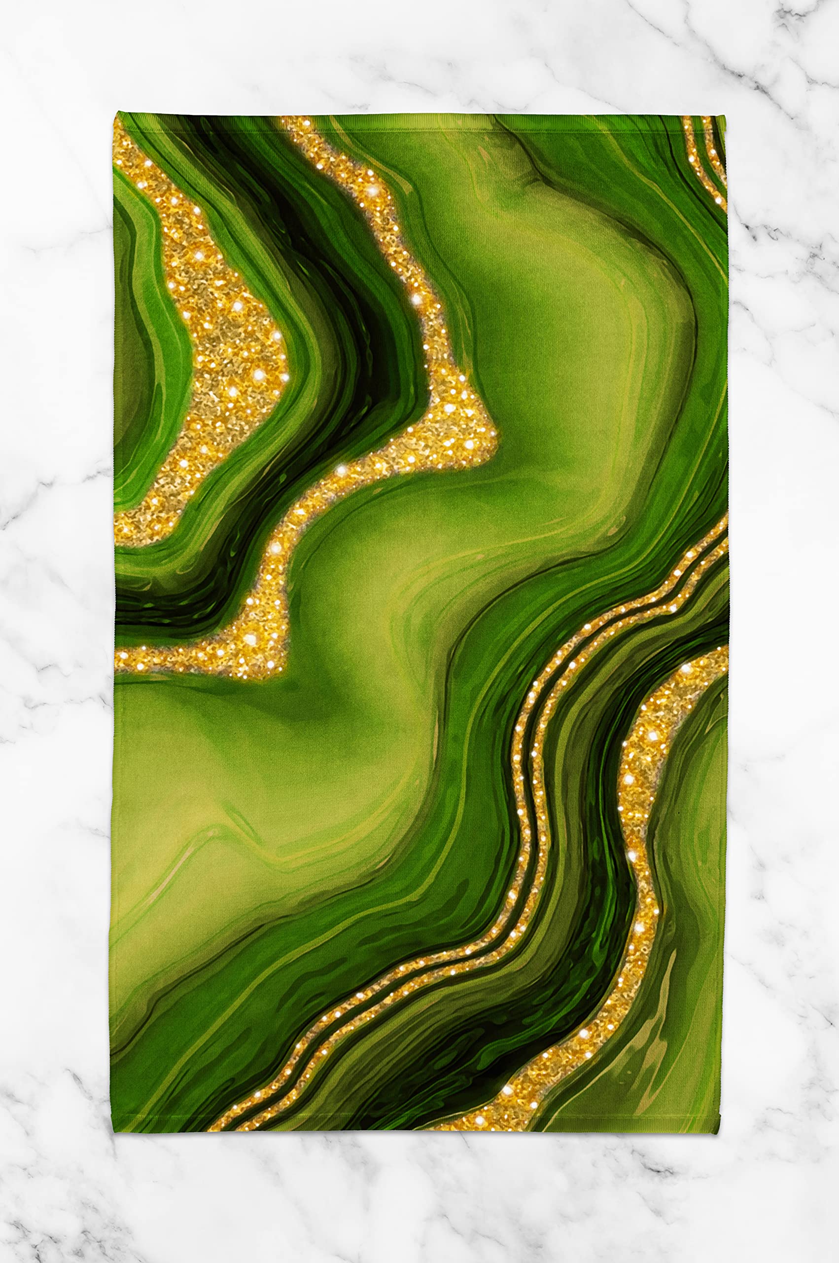 Lime Green and Gold Marble Print Hand Towel - Faux Agate Cotton Terry Cloth Kitchen & Bathroom Towel Set (15