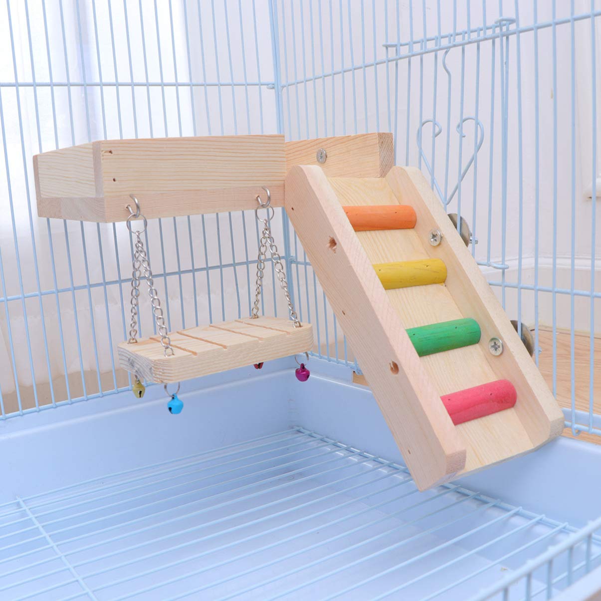 POPETPOP Parrot Chewing Toy Set - Bird Swing, Ladder & Chew Toys for Parakeets, Cockatiels, Conures | Durable Pet Bird Accessories for Cage Play, Exercise & Mental Stimulation