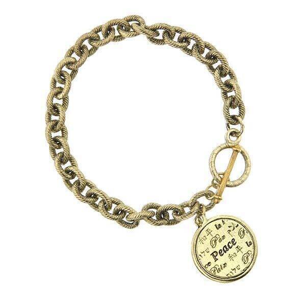 1928 Gold Peace Medallion Bracelet - Textured Link Toggle Clasp Jewelry for Women - Perfect for Everyday Wear, Gifts & Special Occasions