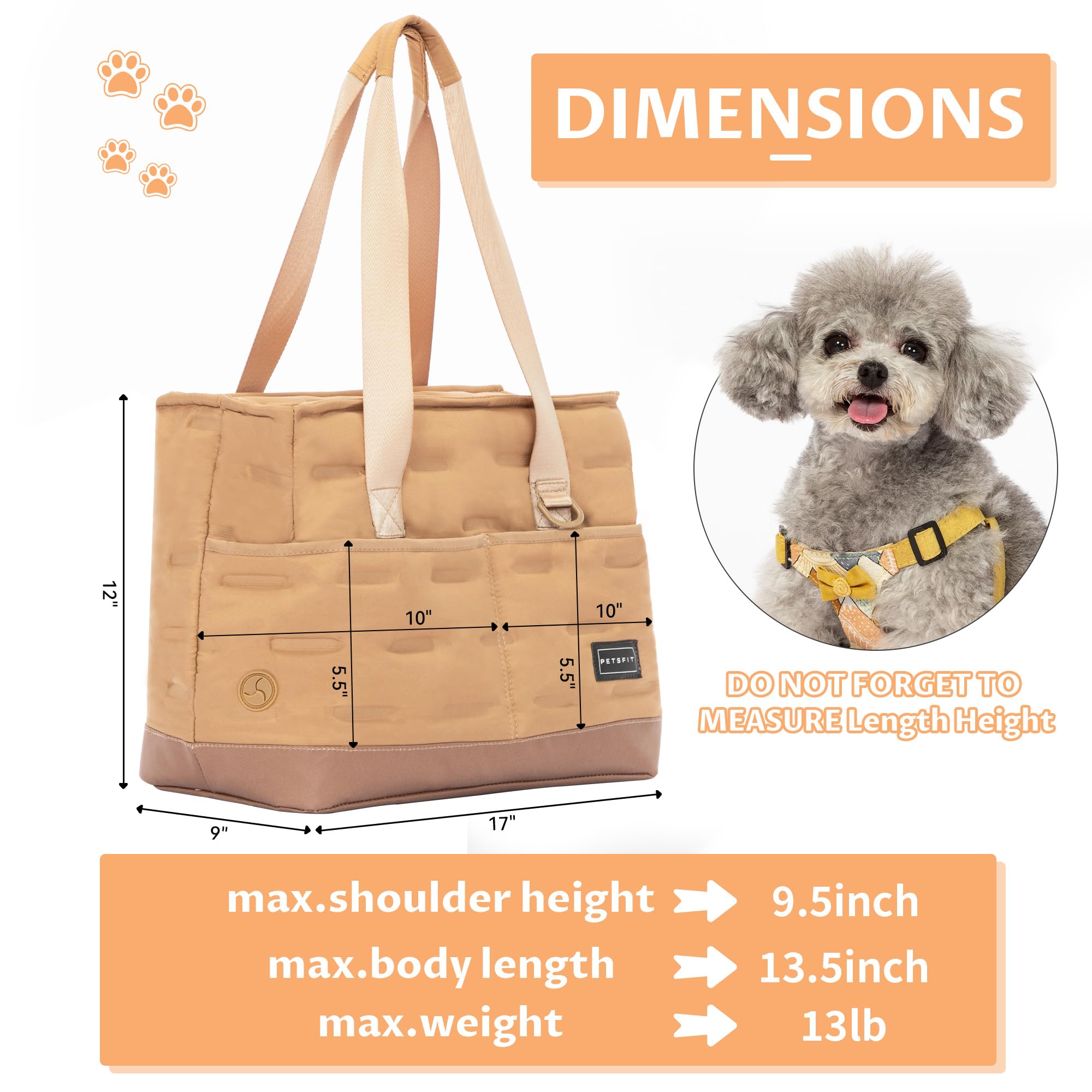 Petsfit Small Dog Carrier Purse - Portable Pet Tote for Cats & Small Dogs with Adjustable Safety Leash, Pockets, Waterproof TPU Bottom & Poop Dispenser - Perfect for Travel, Shopping & Vet Visits (Khaki)