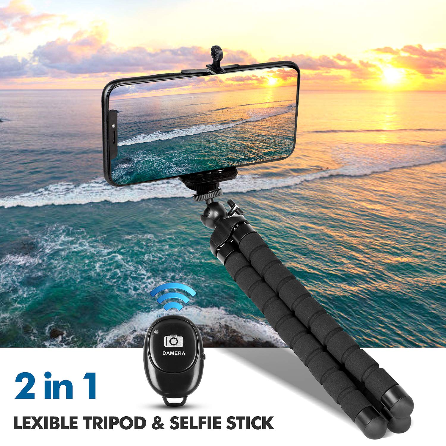 Portable Adjustable Phone Tripod Stand with Remote & Universal Clip - Compatible with iPhone, Android, Camera | Compact, Flexible Holder for Vlogging, Live Streaming & Photography (Black)