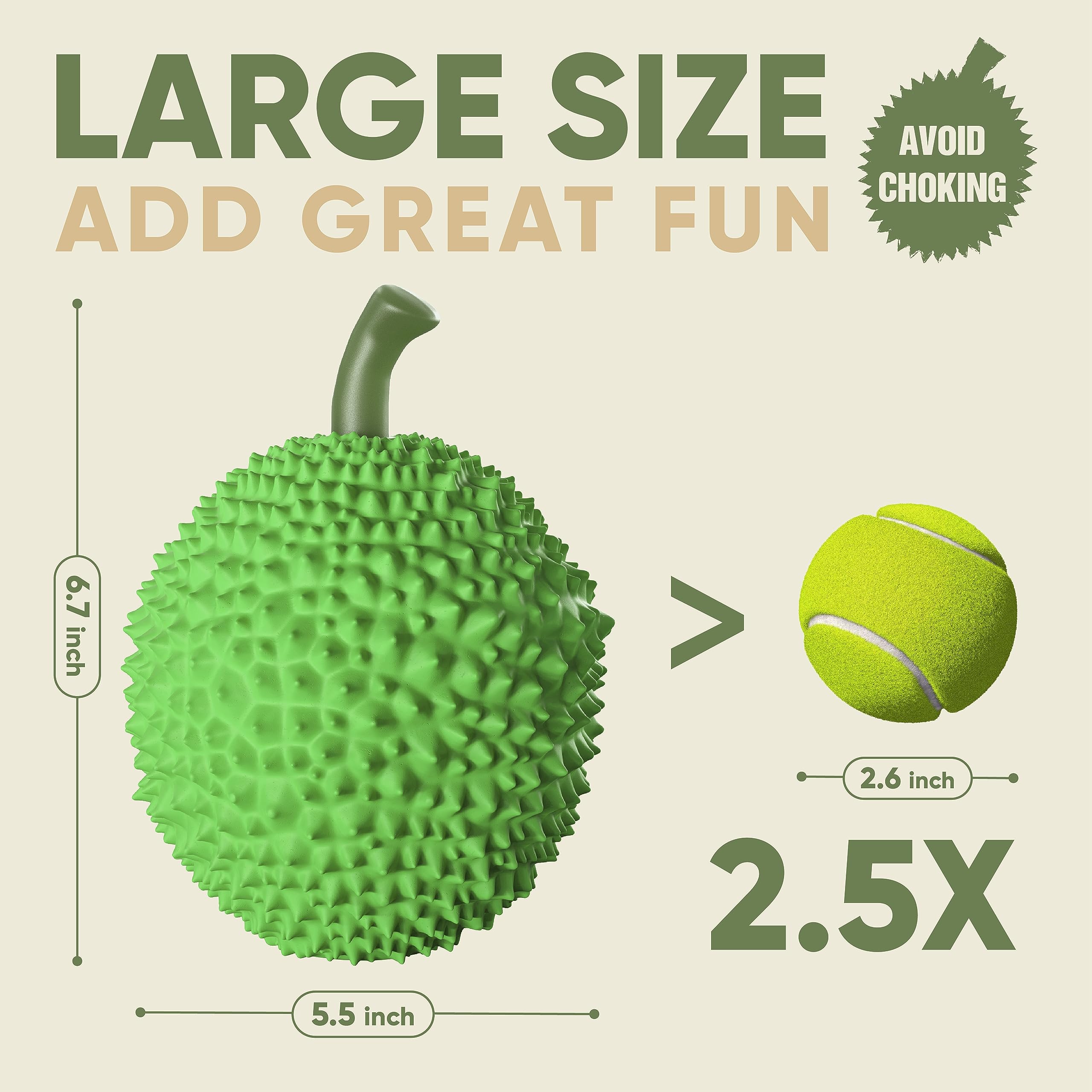 Indestructible Squeaky Dog Chew Toys for Large Breeds - Natural Rubber Treat Dispensing Puzzle Ball for Aggressive Chewers (DurianBall-Green) - Perfect for Interactive Play, Training Rewards & Mental Stimulation