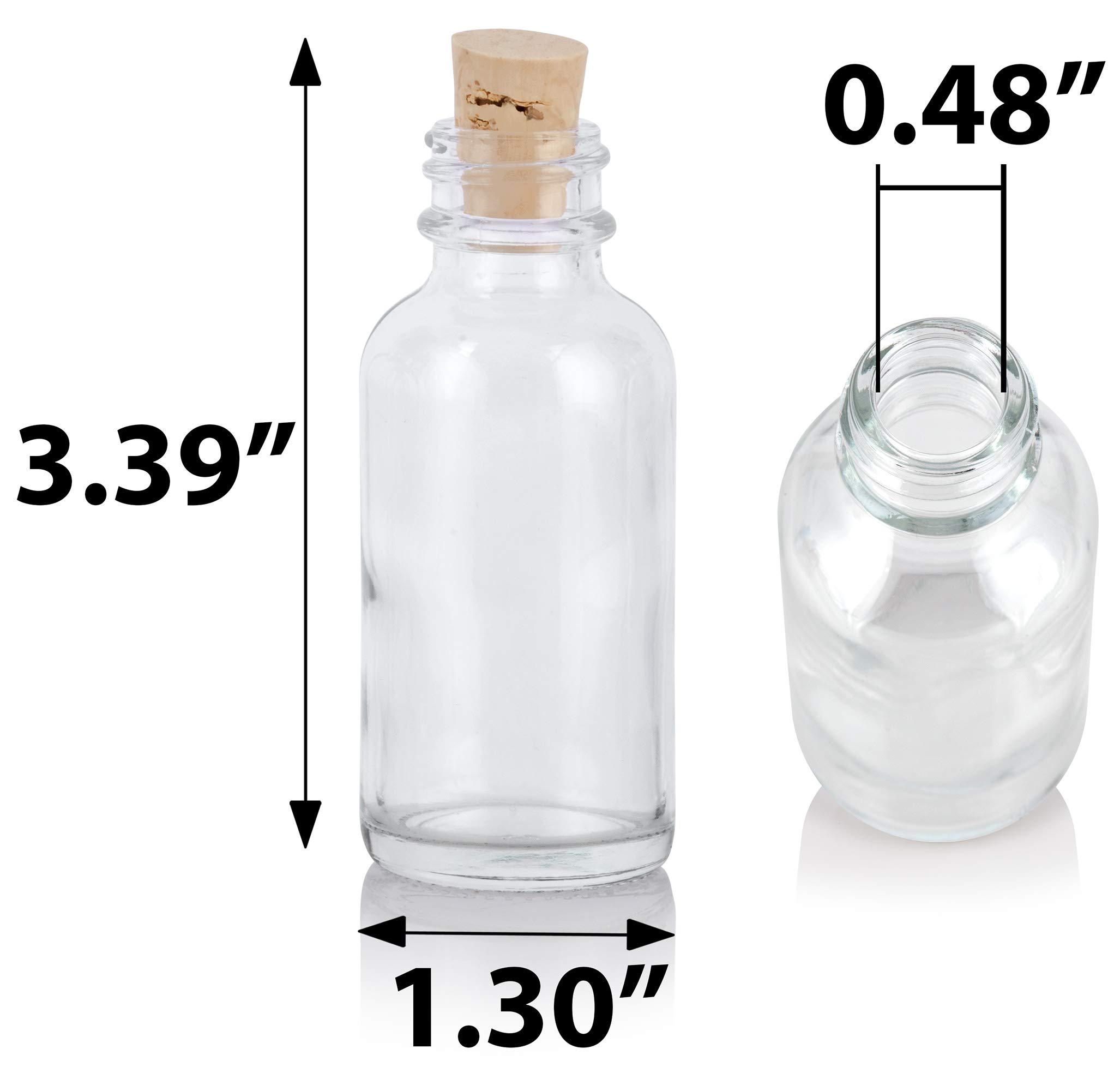JUVITUS 4-Pack 1 oz (30 ml) Clear Glass Boston Round Bottles with Cork Stoppers & Funnel - Essential Oil, Perfume, DIY Craft Storage - Perfect for Home, Lab & Travel Use