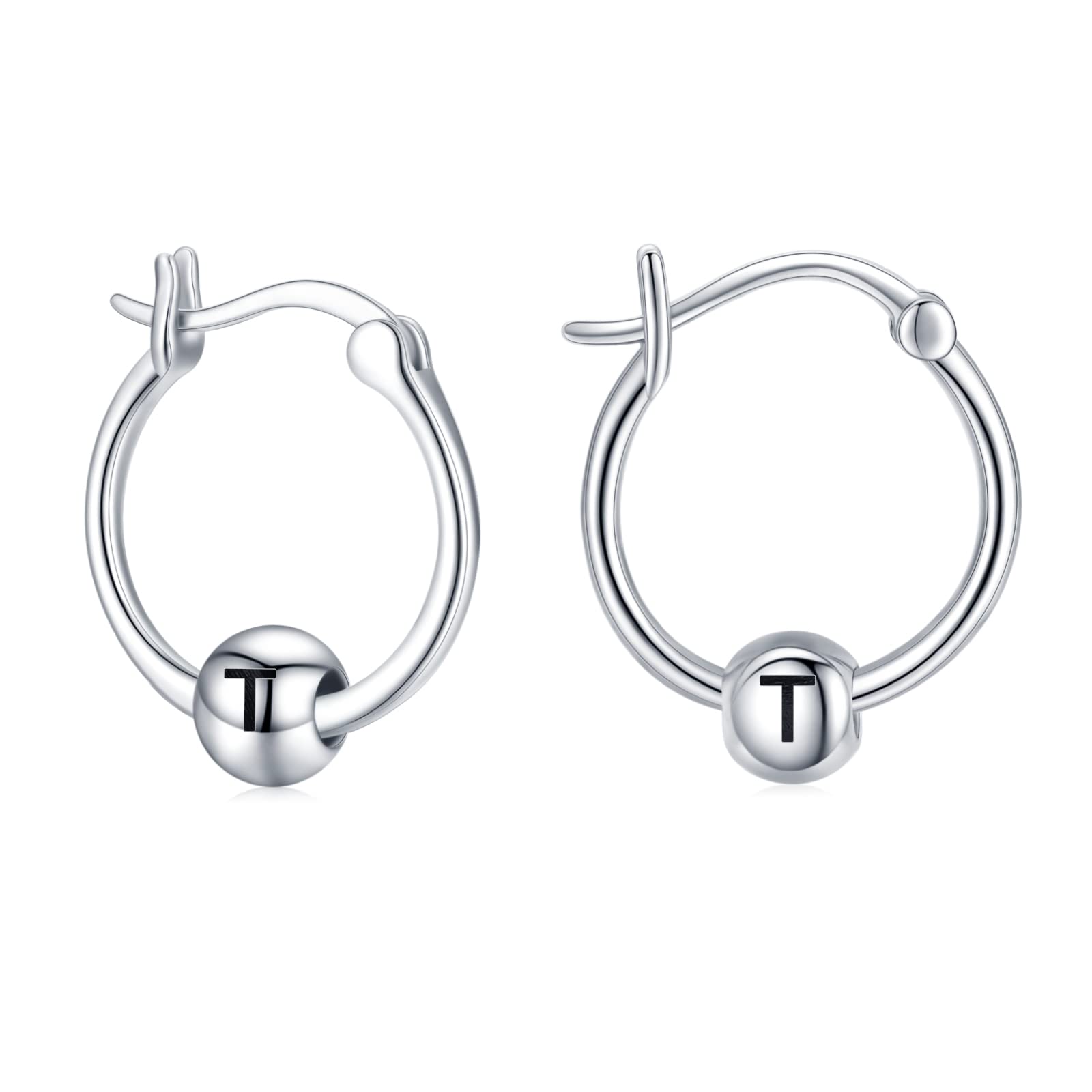 Personalized A-Z Initial Letter Earrings - 925 Sterling Silver Huggie Hoop Earrings with Bead Design | Hypoallergenic Jewelry Gift for Women | Perfect for Sensitive Ears, Everyday Wear, Birthdays & Special Occasions