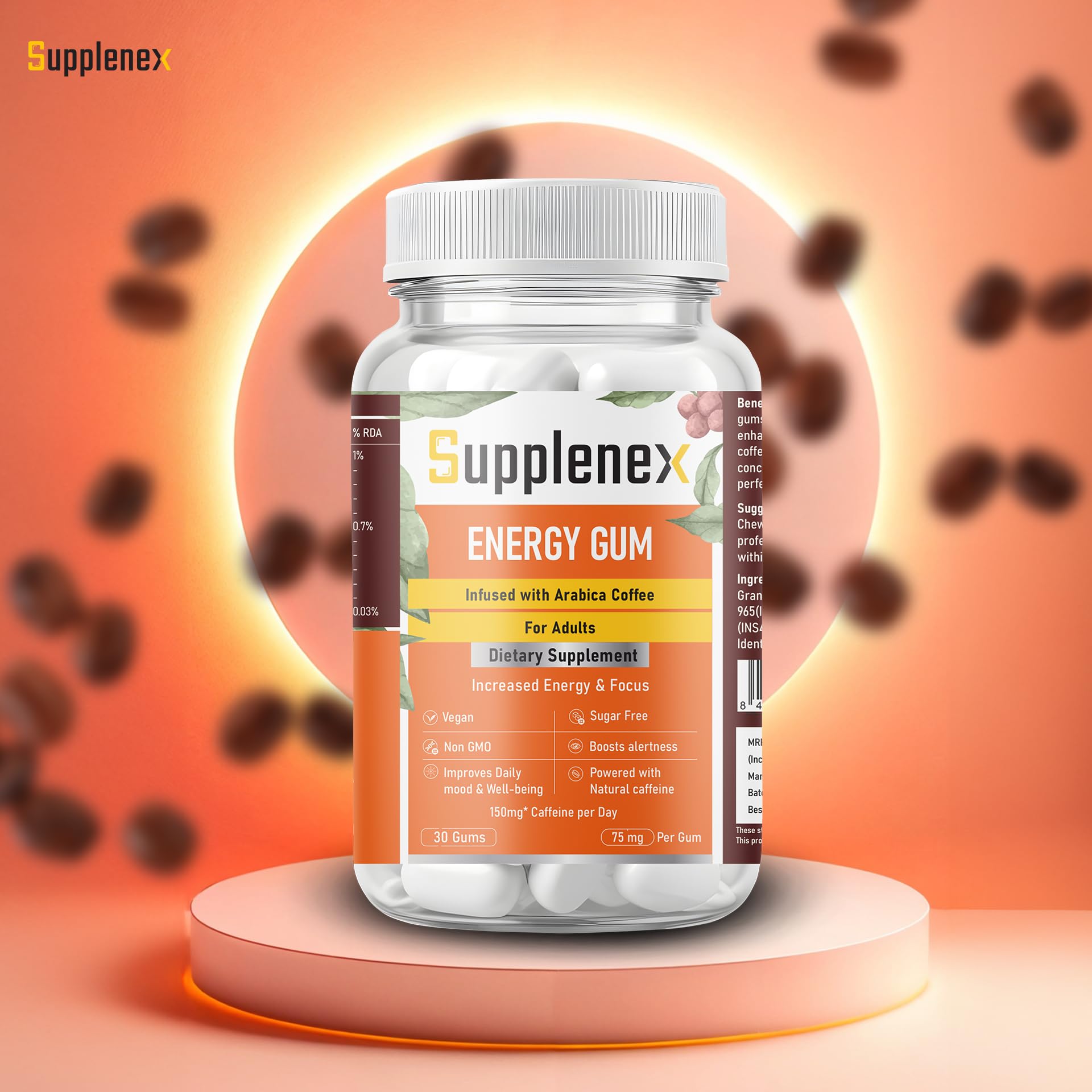Supplenex Energy Gum - Caffeine Infused Chewing Gum for Men & Women | Sugar-Free Arabica Coffee Energy Boost | Pack of 30 Power Gummies | Perfect for Workouts, Study & Long Drives