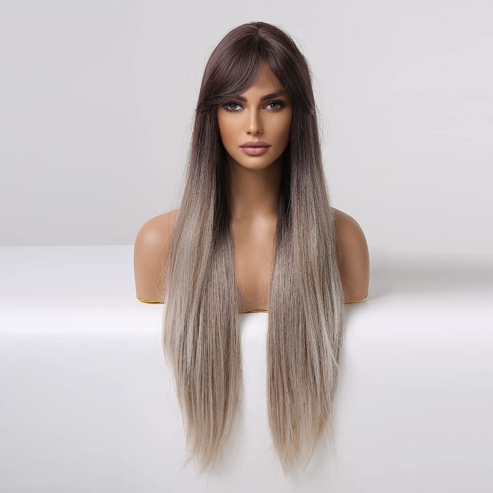ISHINE 26-inch Long Straight Synthetic Wig for Women - Natural Looking Brown Ombre Platinum Blonde Wig with Long Bangs | Perfect for Daily Wear, Cosplay, Halloween Costume & Hair Replacement | Party, Special Occasion & Everyday Fashion Accessory