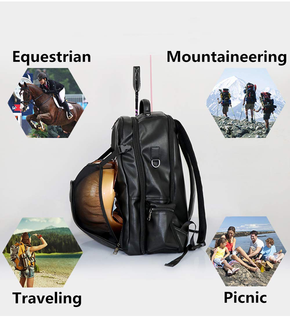UNISTRENGH Professional Equestrian Backpack with Hidden Mesh Helmet Compartment - Waterproof Horse Riding Gear Storage Bag (Black PU Leather) - Perfect for Show Jumping, Dressage & Trail Riding