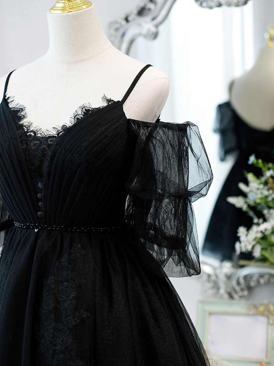 Elegant Black A-Line V-Neck Lace Short Prom Dress - Puffy Homecoming Mini Dress for Women | Perfect for Parties, Dances & Special Occasions