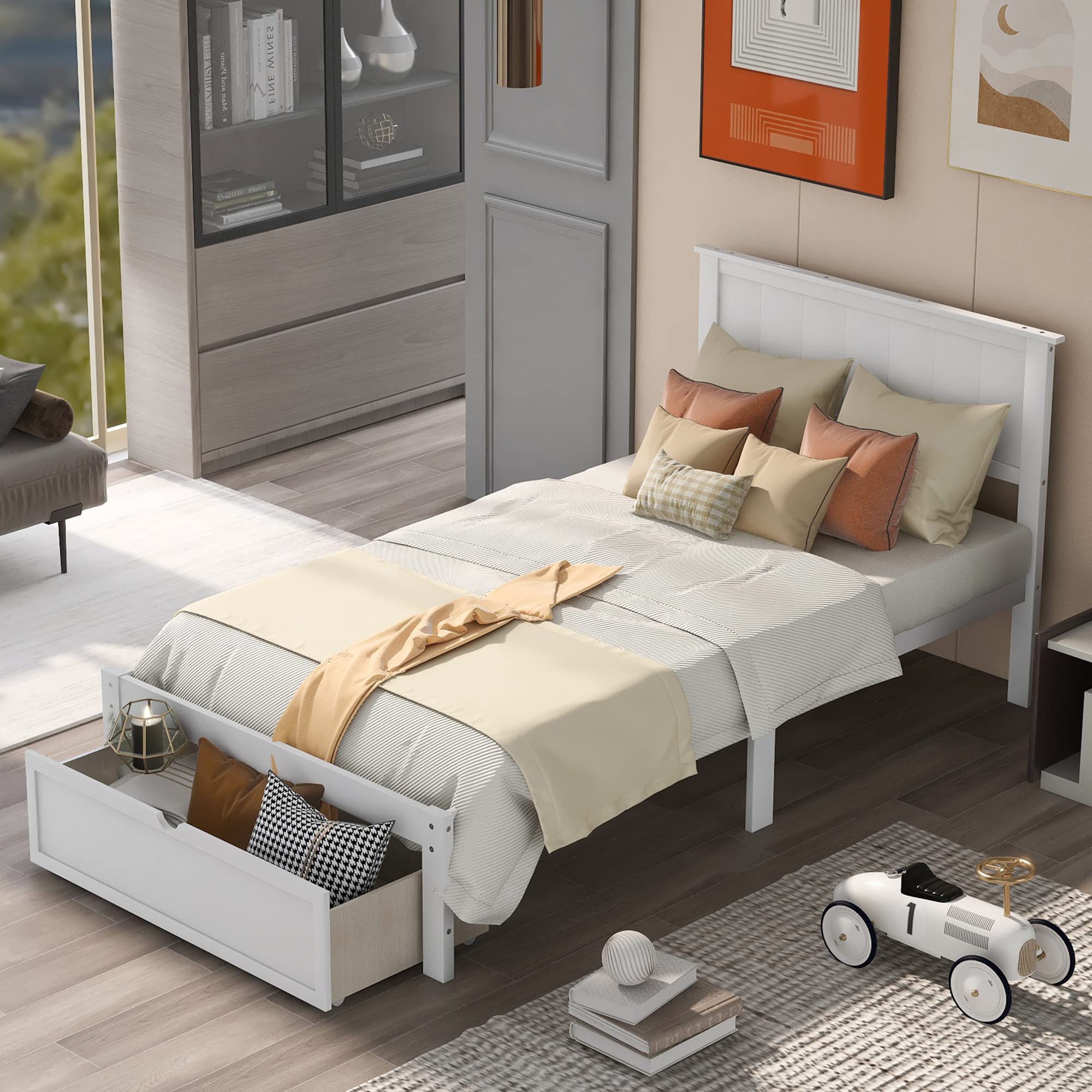 Merax Twin Bed Frame with Storage Drawer - Wood Platform Bed for Kids, No Box Spring Needed, White - Perfect for Small Bedrooms, Dorm Rooms & Kids' Bedrooms