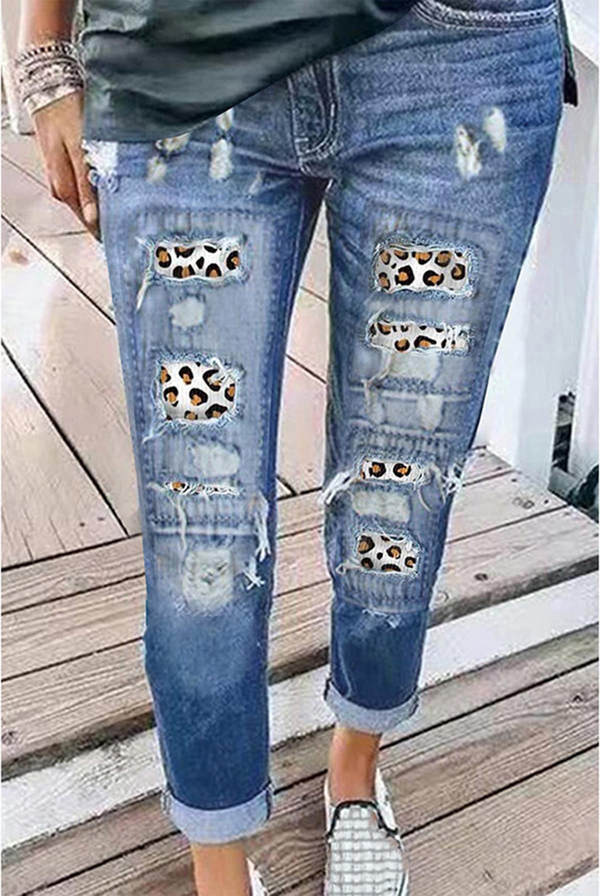 Women's Ripped Boyfriend Jeans - Distressed Leopard Print Patch Straight Leg Denim Pants for Casual Outfits & Streetwear Fashion