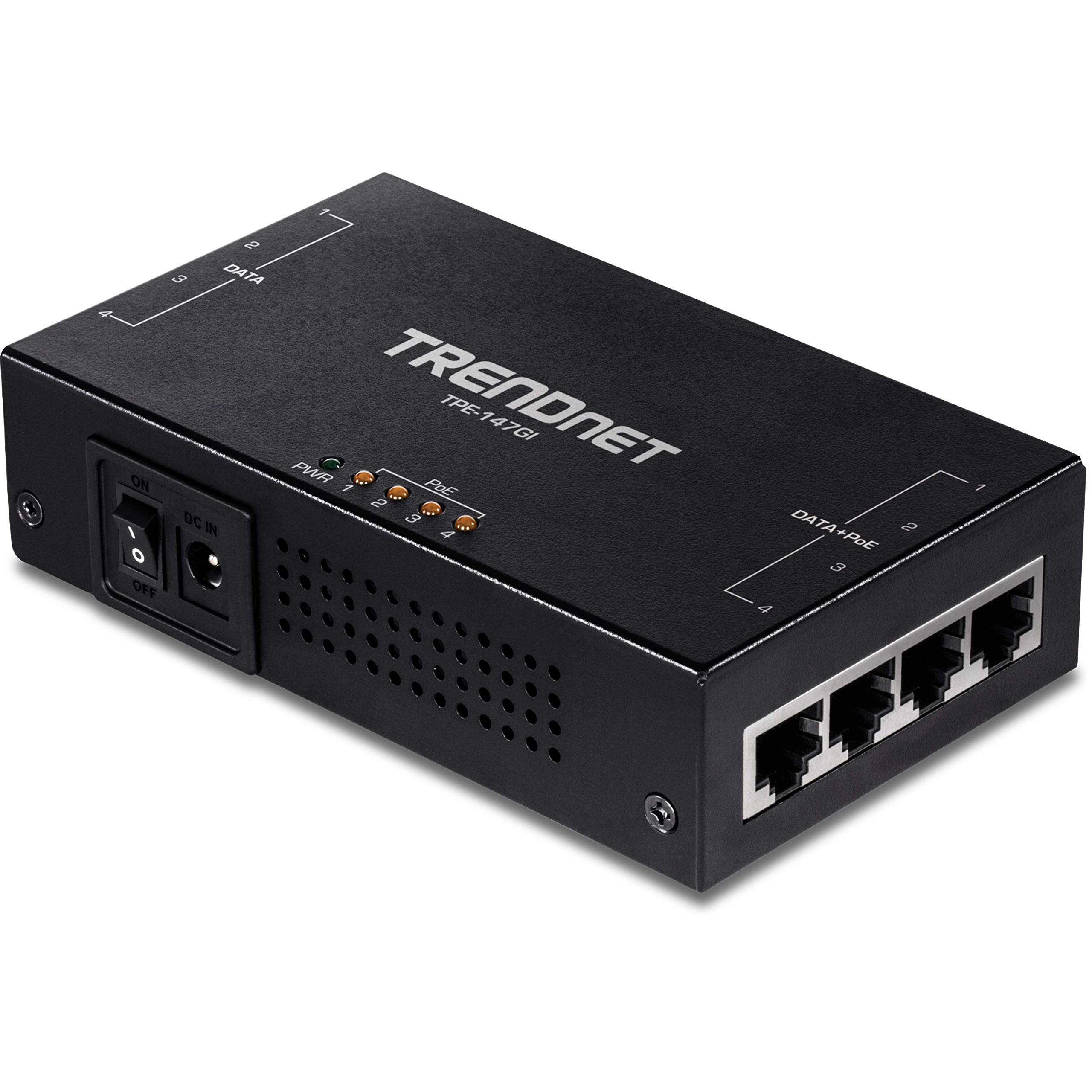 TRENDnet 65W 4-Port Gigabit PoE+ Injector (TPE-147GI) - 4x Gigabit Data Ports & 4x PoE+ Output Ports - Extend Power & Data Up to 328ft - Ideal for IP Cameras, VoIP Phones & Wireless Access Points