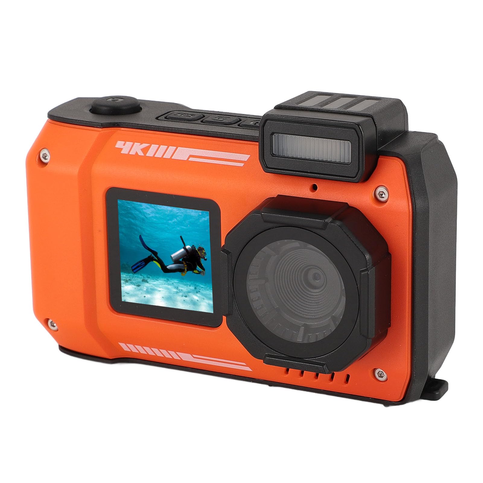 48MP 4K Waterproof Digital Camera with 16X Zoom, Autofocus & Anti-Shake | 2500mAh Battery & Dual Screens for Perfect Selfies | Ideal for Outdoor Sports, Snorkeling, Beach Trips & Underwater Photography (Orange)