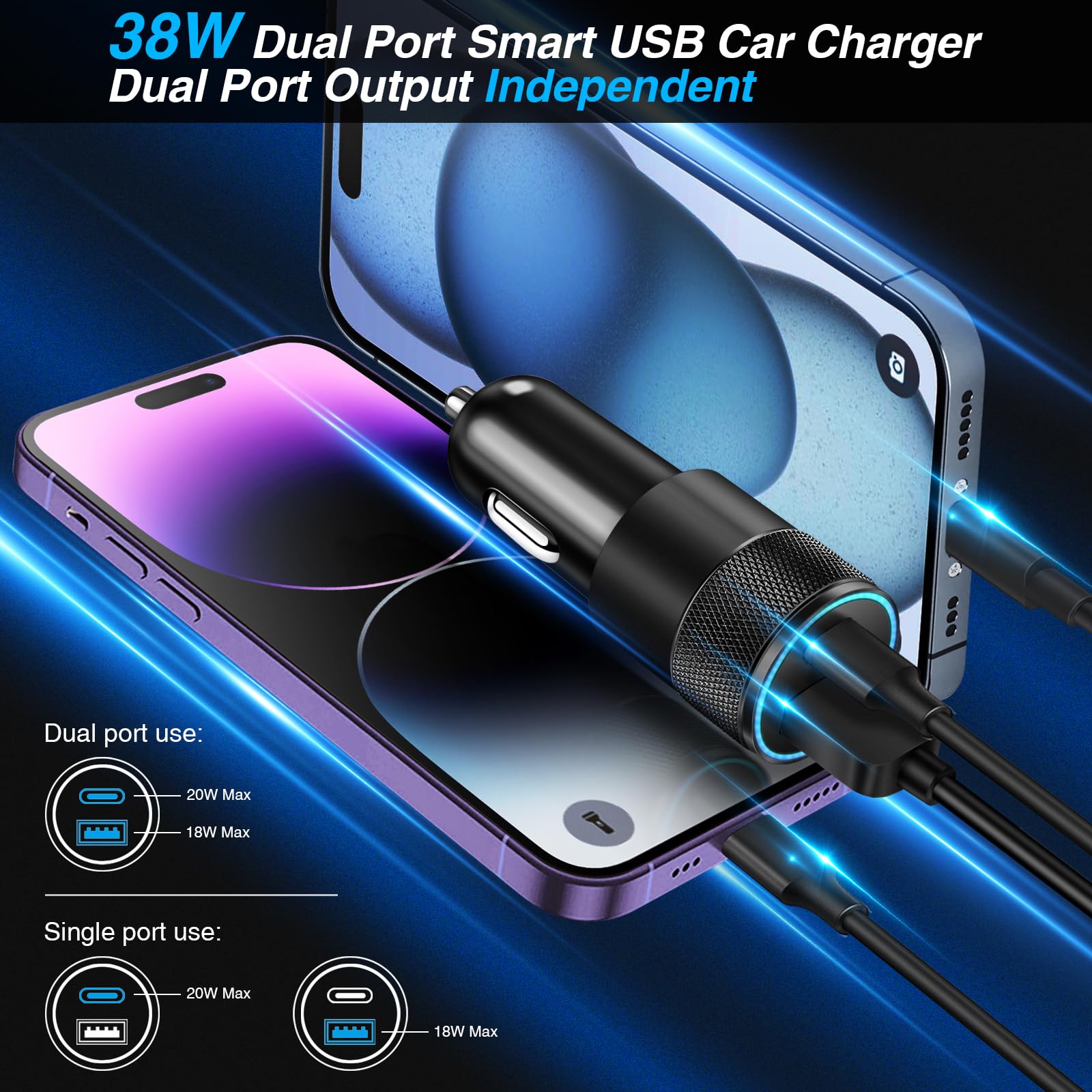 38W Dual Port USB C Car Charger Fast Charging Adapter - USB-C & USB-A Cigarette Lighter Charger for iPhone 16/15, Samsung S24, Pixel - Perfect for Road Trips & Daily Commutes