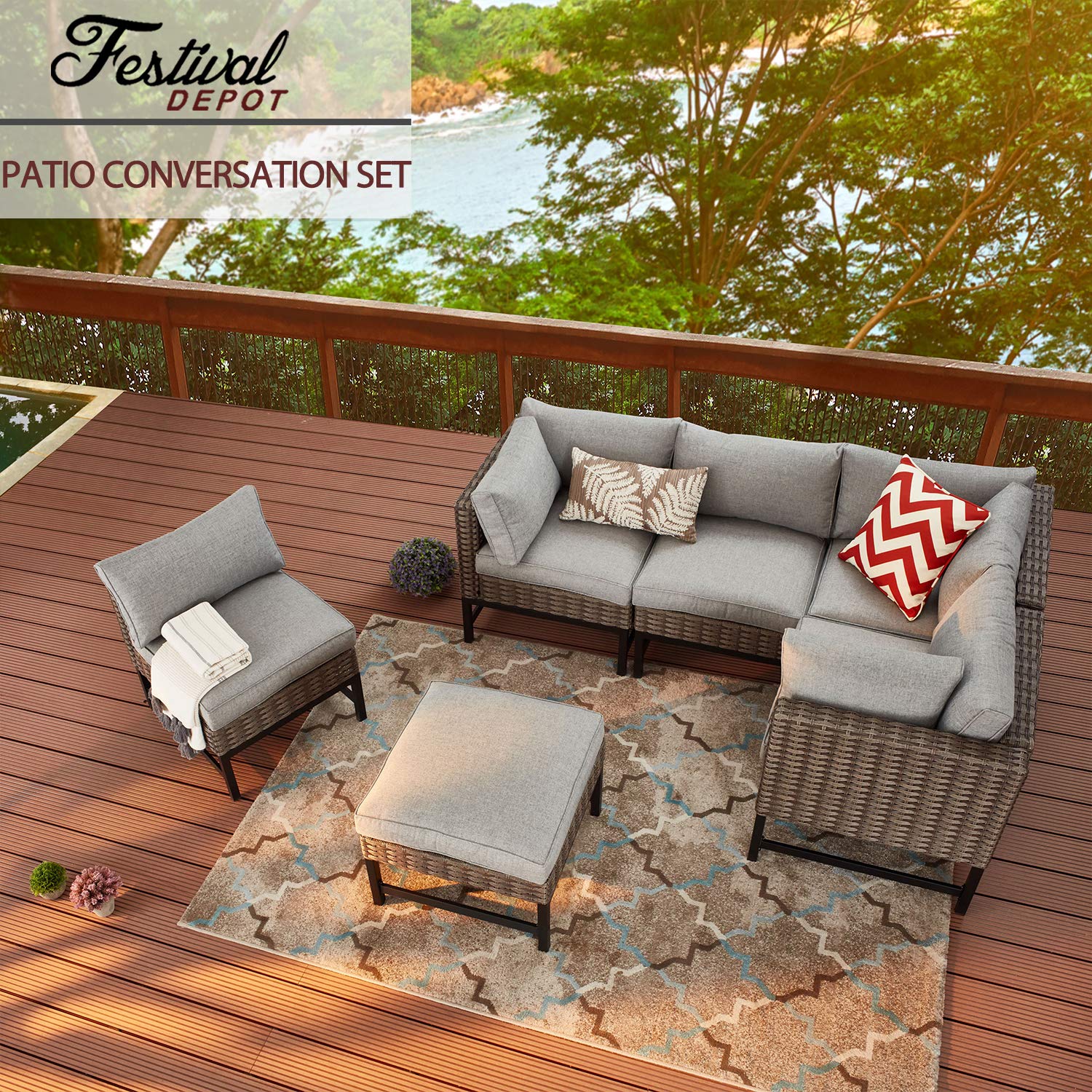 6-Piece Outdoor Patio Furniture Set - Wicker Sectional Sofa with Metal Frame, Thick Cushions & Ottoman (Gray) - Perfect for Garden, Poolside, and Backyard Relaxation