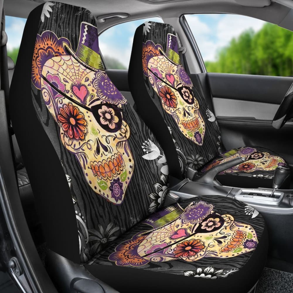 2 Pcs Sugar Skull Car Seat Covers - Halloween Decor Car Accessories for Dia de Los Muertos - Protect Your Seats in Style | Perfect for Cars, Trucks & SUVs
