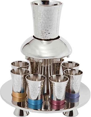 Yair Emanuel Silver Nickel Kiddush Cup & Fountain Set with Multicolor Hammered Tray - 8 Piece Jewish Ceremonial Set for Shabbat, Passover & Holidays - Elegant Home Blessing & Gift for Bar Mitzvah, Wedding & Religious Celebrations