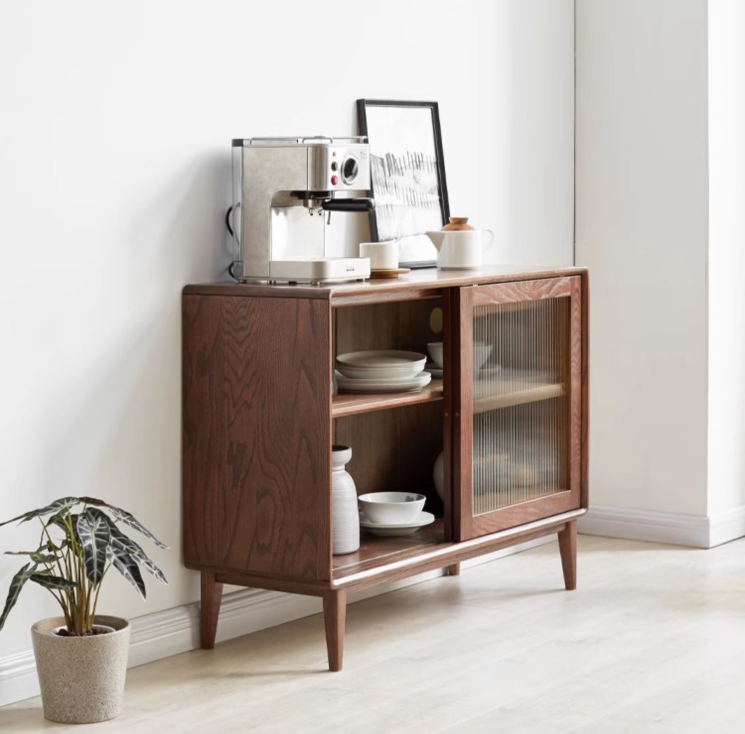 Solid Oak Wood Wall-Mounted Nordic Sideboard with Integrated Storage - Perfect for Living Room, Dining Room, and Entryway Organization