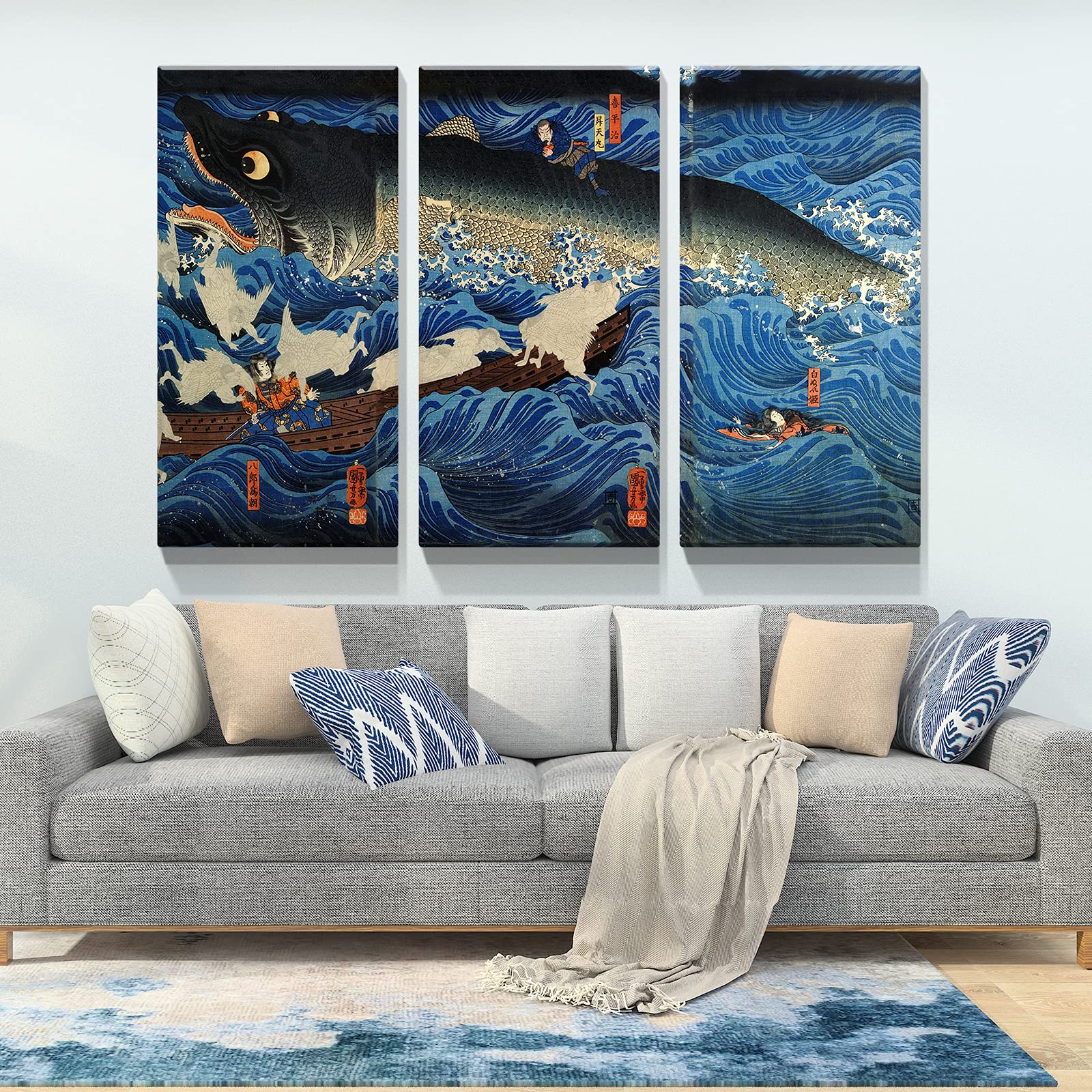Denozer - 3 Piece Canvas Wall Art Set - Ukiyoe Style Oil Painting Reproduction Giclee Prints, Stretched & Framed Ready to Hang - 24x48 Inch Triptych for Living Room, Bedroom & Office Decor